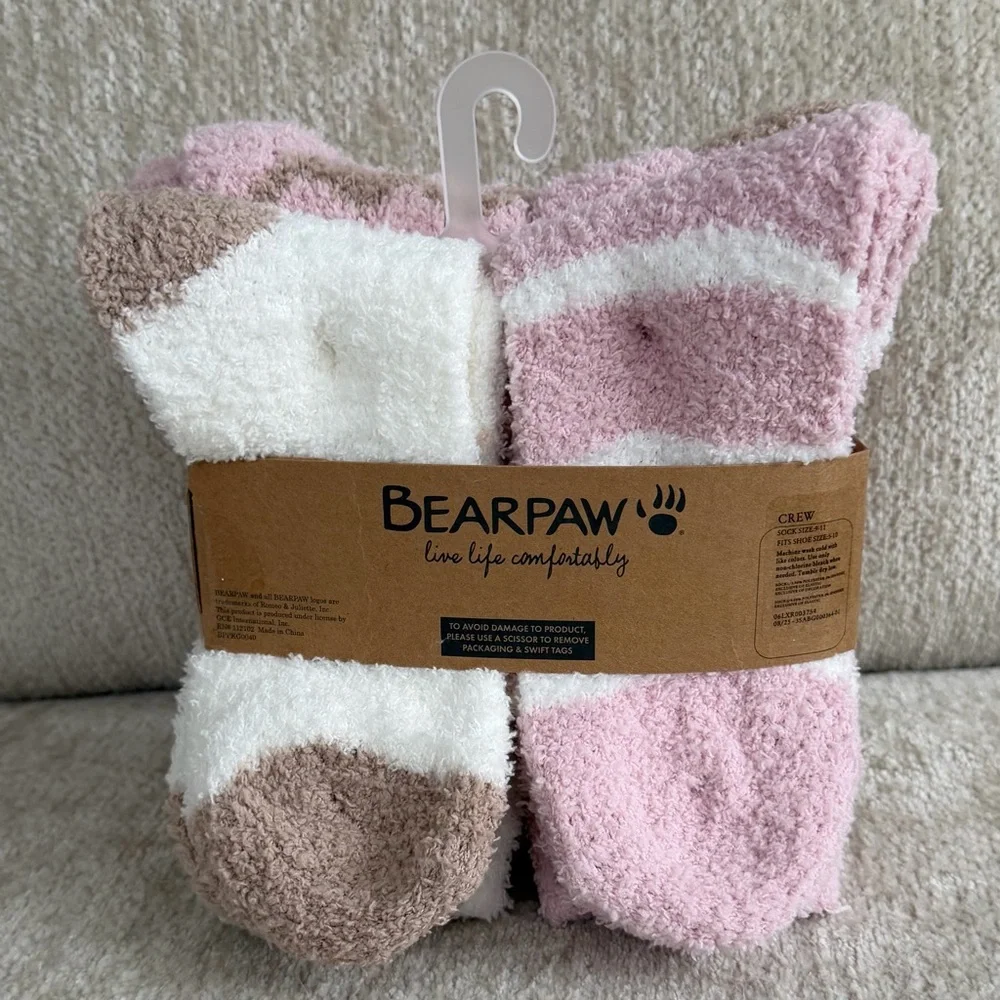 BearPaw Pink, Brown and White Zigzag Cozy Crew Socks, 4pk Sz 9-11